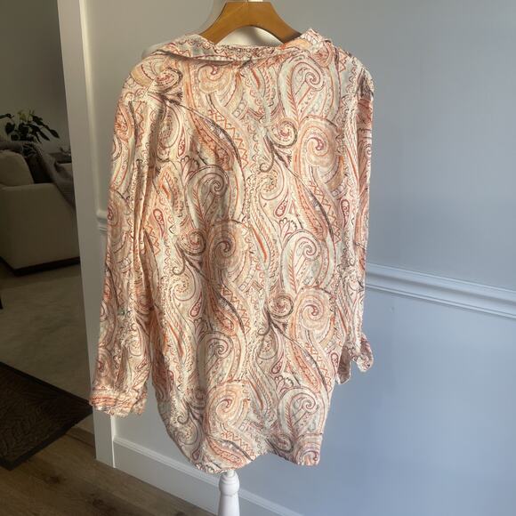 Rachel Zoe Linen Orange Paisley Blouse Tunic Size M V Neck European Flax Button - Picture 4 of 8